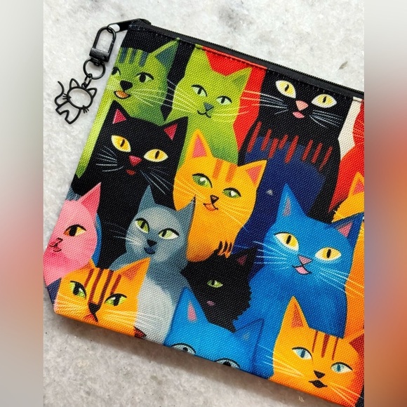 Unbranded Handbags - New Colorful Cats Makeup Tech Pencil Zippered Pouch Bag w/ Cat Charm - 9”